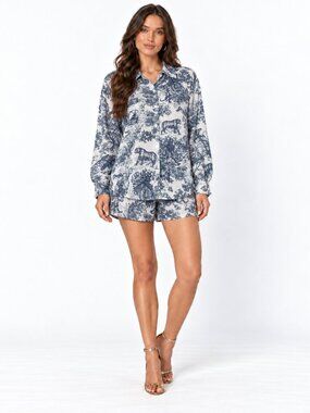 Blue White Toile 3 Piece Shirt Bralette Shorts Set Vacation Resort NWT M L Style